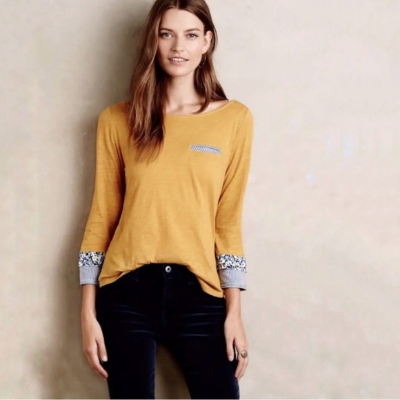 Anthropologie Little Yellow Button mustard orange top size small - Picture 1 of 13